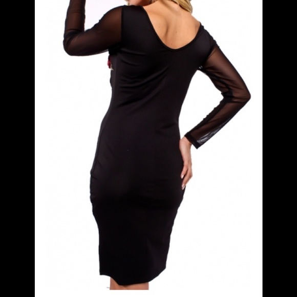 Floral embroidery Black Mesh Midi Dress - Picture 2 of 5